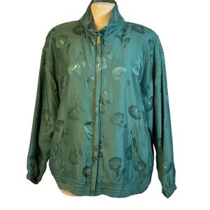 Abvien Vintage 100% Silk Green Floral Zip Front Lightweight Bomber Jacket Sz XL